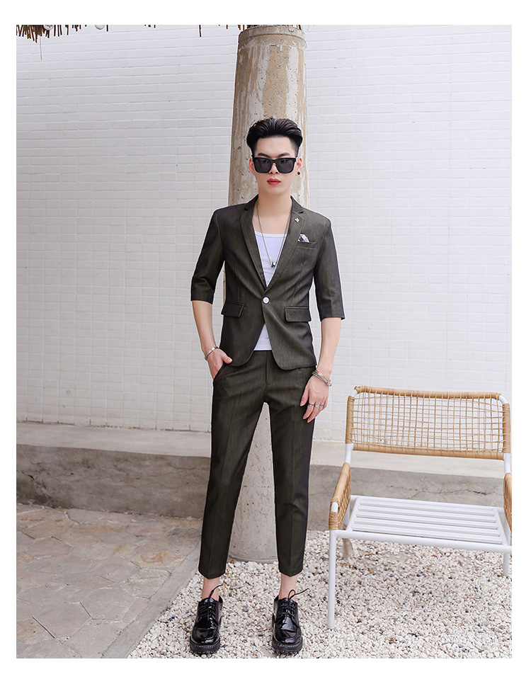 Cao cấp mùa xuân và mùa hè mới ba phần tư tay áo nhỏ phù hợp với nam giới phong cách Hàn Quốc hộp đêm tạo mẫu tóc hộp đêm tay áo phù hợp với hai - Suit phù hợp