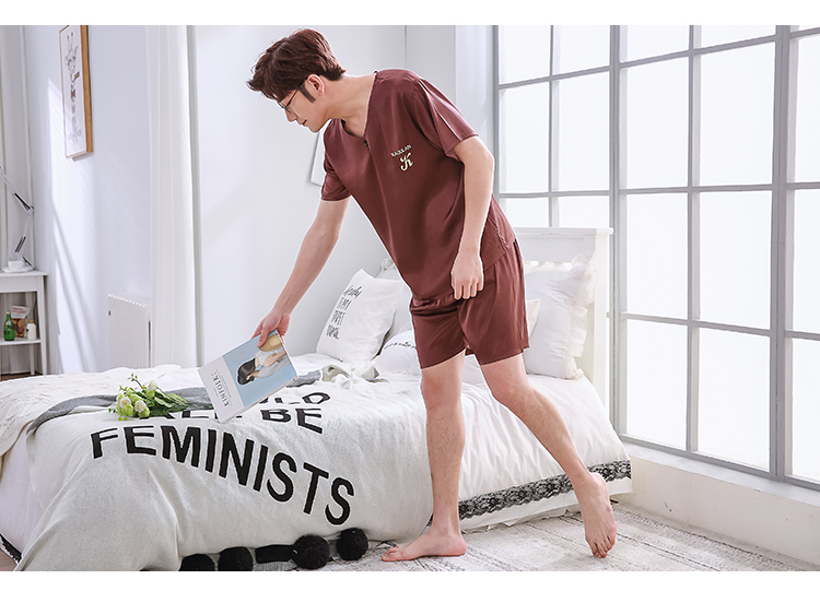 Bộ đồ ngủ lụa lụa mùa hè của nam giới quần dài ngắn tay mỏng mùa hè có thể được mặc bên ngoài bộ đồ phục vụ tại nhà bằng lụa zs - Bên ngoài ăn mặc