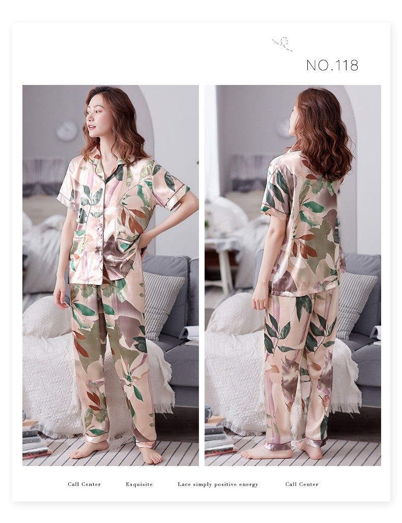 Đồ ngủ lụa của phụ nữ mùa hè lụa mỏng quần dài ngắn tay hai mảnh lụa đơn giản in ve áo nhỏ dịch vụ tại nhà - Bên ngoài ăn mặc