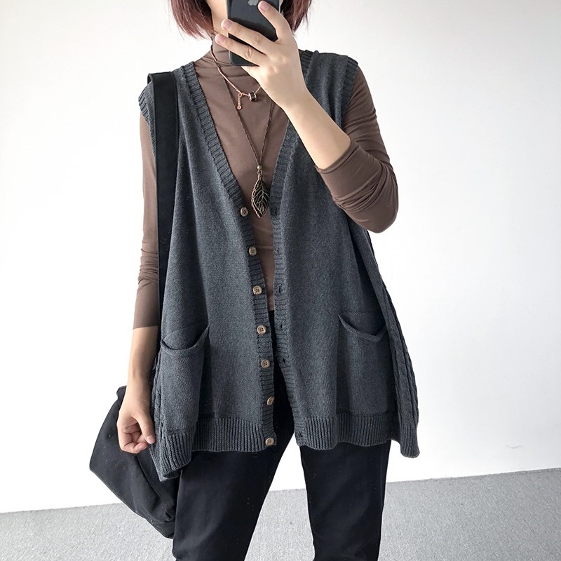 2018 phong cách mới của phụ nữ lỏng lẻo văn học không tay giữa áo dệt kim áo len cardigan - Áo vest