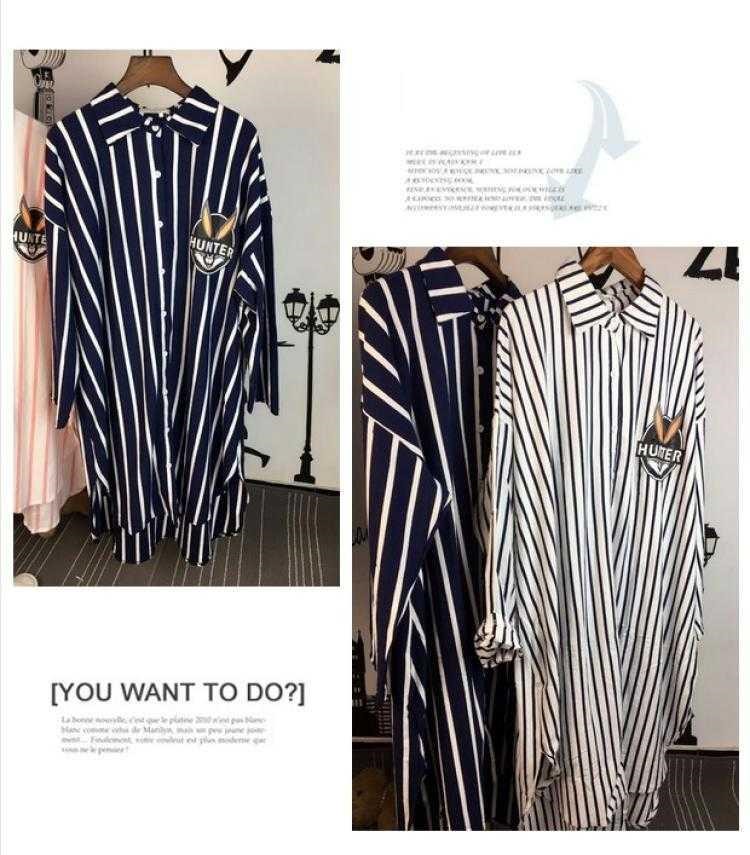 Váy ngủ nữ dài tay phong cách hàn quốc mùa hè áo sơ mi cotton cổ trụ rời sọc plus size đồ ngủ có thể mặc ngoài cho các nàng béo trong mùa xuân thu. - Đêm đầm