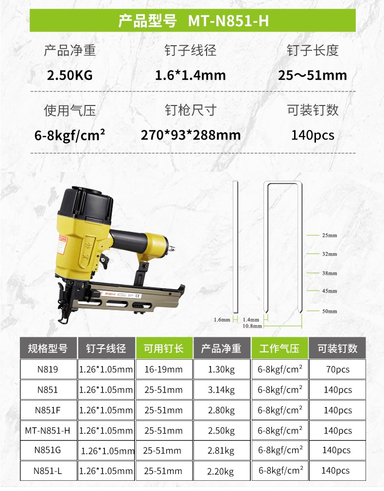 Chính hãng Meite N851 Mã khí nén Máy đóng đinh N851FG Burst Máy đóng đinh ngựa hình chữ U Loại cửa N Máy đóng đinh Công cụ chế biến gỗ Khí - Công cụ điện khí nén