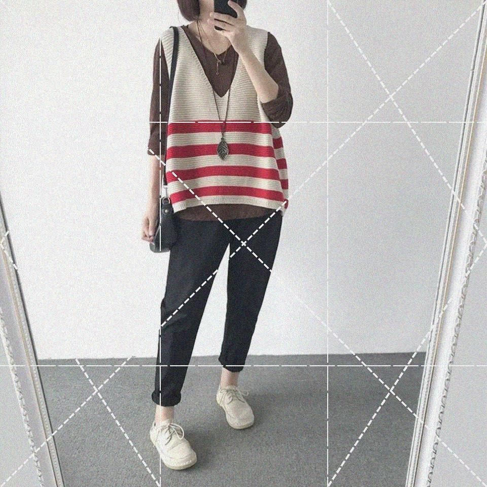 Mùa thu phong cách mới cộng với size áo ghi lê vest áo rời cổ chữ V sọc đan áo ghi lê áo len vest nữ ngọn - Áo vest