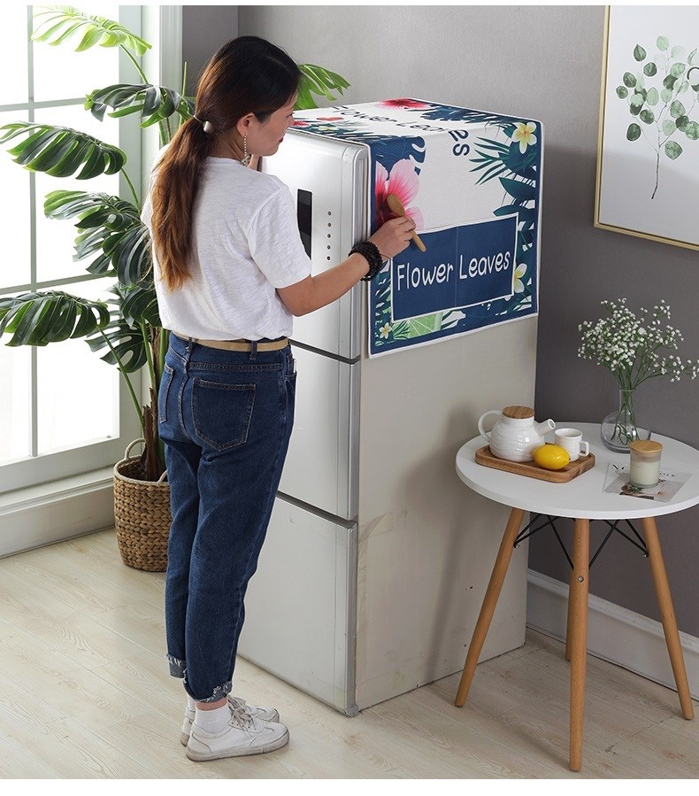 Tủ lạnh bụi vải vải lanh chất liệu vải chống nắng đơn giản bọc vải đệm che tủ lạnh nắp bảo vệ bụi ren nắp che bụi - Bảo vệ bụi