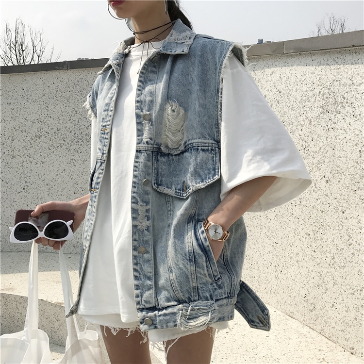 Phụ nữ mùa thu phiên bản Hàn Quốc cá tính của lỗ để làm áo khoác denim thô lỏng lẻo. - Áo vest