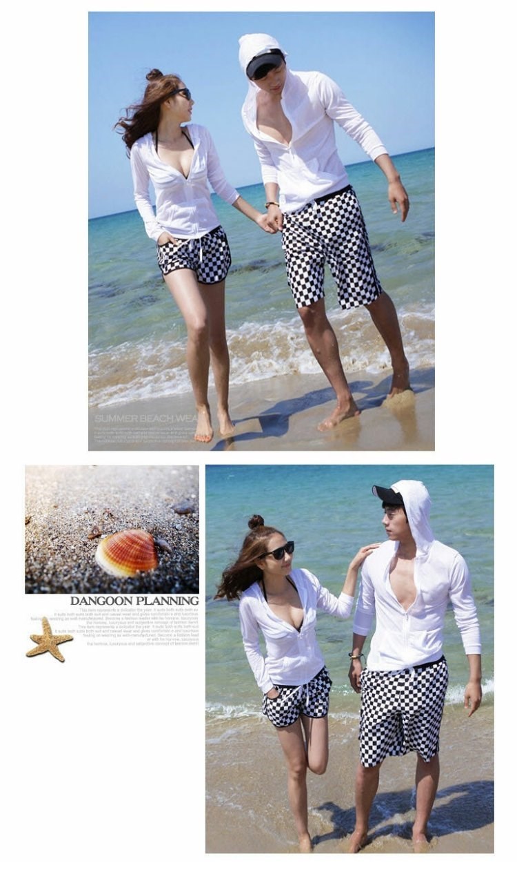 Cặp đôi Hàn Quốc mới đi biển mặc thường phục nam và nữ áo hoodie chống nắng quần áo lưới đen và trắng quần đi biển vải nhanh khô - Quần bãi biển