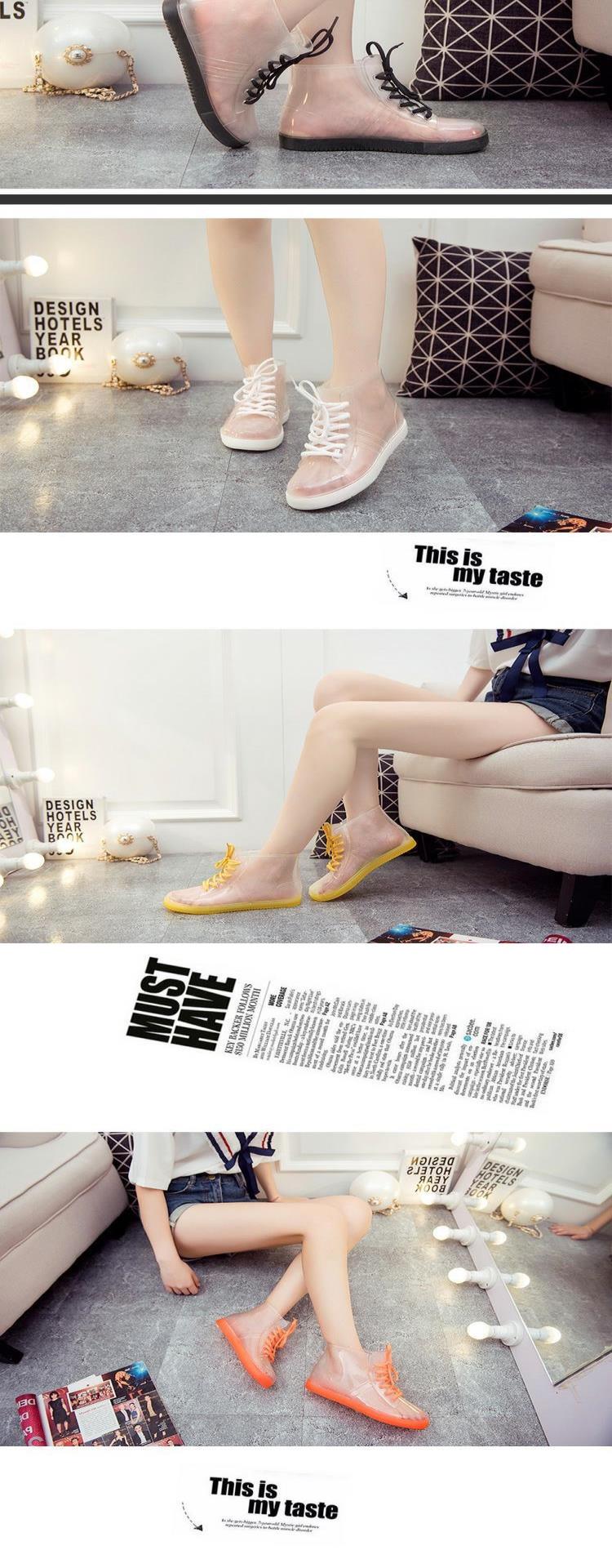 Giày đi mưa ngắn chống trơn trượt nước giày nước đáy bằng của phụ nữ thời trang ống giày đi mưa bên ngoài giày cao su trong suốt mùa hè pha lê không thấm nước băng - Rainshoes