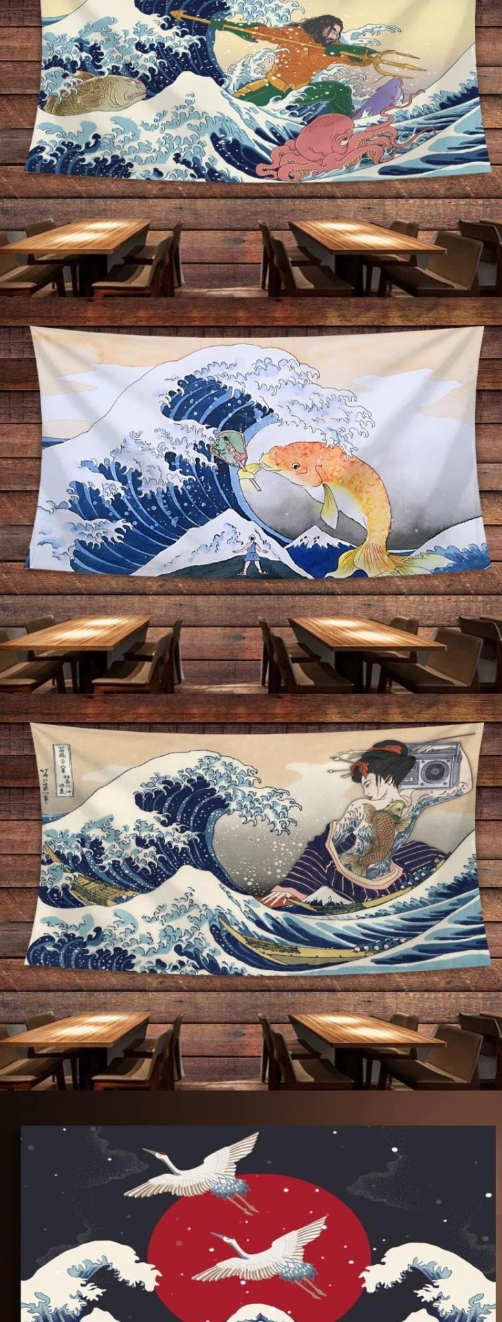 Hình xăm treo rèm nhà bếp Phong cách Nhật Bản chụp cổ điển Kanagawa lướt ván thảm chống nắng neo rèm tranh trang trí - Tapestry