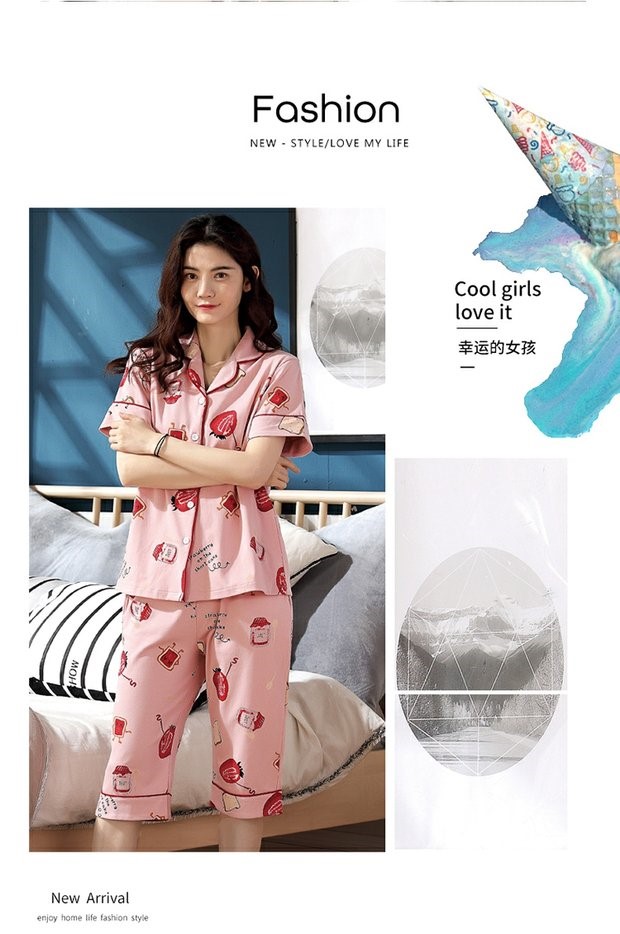 Đồ ngủ của phụ nữ cotton mùa hè ngắn tay cắt quần tây mỏng cardigan lỏng lẻo dễ thương giản dị phục vụ tại nhà hai mảnh VA - Nam giới