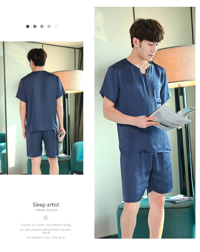 Bộ đồ ngủ của nam giới mùa hè lụa ngắn tay quần short lụa mỏng phù hợp với nam giới mùa hè Hàn Quốc hàng rào lụa phục vụ tại nhà - Nam giới
