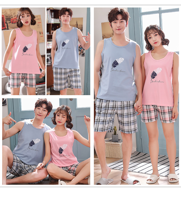 Quần đùi áo vest pyjama mùa hè thanh niên mỏng phần nữ cotton cộng với người đàn ông béo cộng với kích thước phù hợp với mùa hè không tay - Pyjama