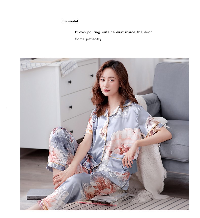 Đồ ngủ lụa của phụ nữ mùa hè lụa mỏng quần dài ngắn tay hai mảnh lụa đơn giản in ve áo nhỏ dịch vụ tại nhà - Bên ngoài ăn mặc