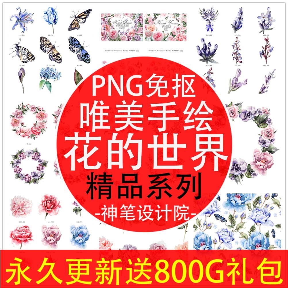 中国风唯美手绘水彩写真玫瑰花店海报图案PNG免抠PS设计素材蝴蝶