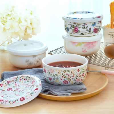 微波炉带盖碗骨瓷碗家用韩式日式陶瓷盖碗米饭碗套装面碗蒸碗耐热