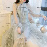 Tide thương hiệu 2019 với gió mềm lưới nặng tay dài đính sequin ngọt ngào công chúa cổ tích dài quốc phục - Trang phục dân tộc