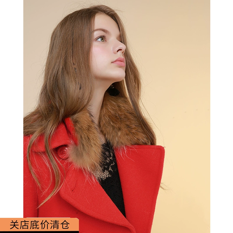Lagogo mùa xuân áo khoác len mới nữ dài áo len phiên bản Hàn Quốc của cổ áo lông lớn màu đỏ quần áo đôi ngực phụ nữ - Trung bình và dài Coat áo khoác da
