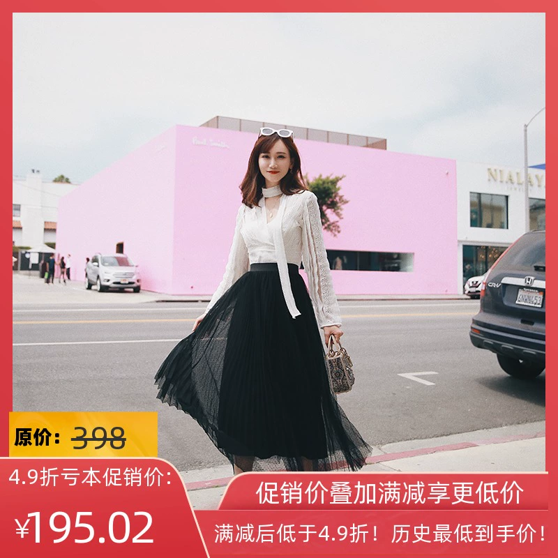 Quầy ánh sáng của thương hiệu cao cấp Pháp Chen Xiaoying cạp cao váy lưới mỏng màu đen của phụ nữ mùa xuân mới 2021 - Váy