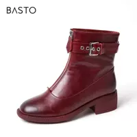 Basto/Best Tu Winter Red Cowhide Retro Mid -Term Trims Women's Leather Boots JD081DZ9