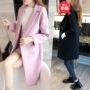 Áo khoác len mỏng màu đen 2018 Thu đông mùa đông Mới của phụ nữ Hàn Quốc Bộ đồ mới và ngọt ngào Cổ áo dài tay - Áo Hàn Quốc áo choàng dài nữ
