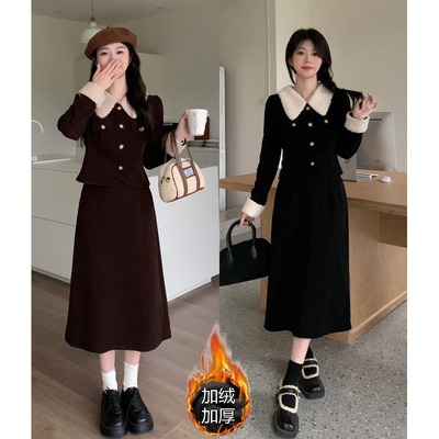 taobao agent Warm jacket, pleated skirt, set, plus size, Chanel style, high waist, fitted