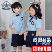 Quần áo trẻ em tay ngắn phù hợp với mẫu giáo quần áo kiểu Anh màu xanh nhạt Áo Tây Tạng xếp li váy màu xanh đồng phục học sinh tiểu học - Đồng phục trường học / tùy chỉnh thực hiện
