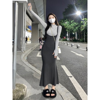 taobao agent Autumn set, suspenders, dress, plus size, fitted, for pear shaped body, 