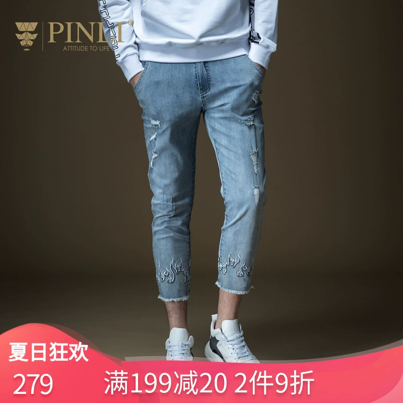 Quần thêu nam Pinli Thêu nam 2019 Xuân Mới Slim Slim Hole Hole denim 9 điểm hợp thời trang - Quần jean