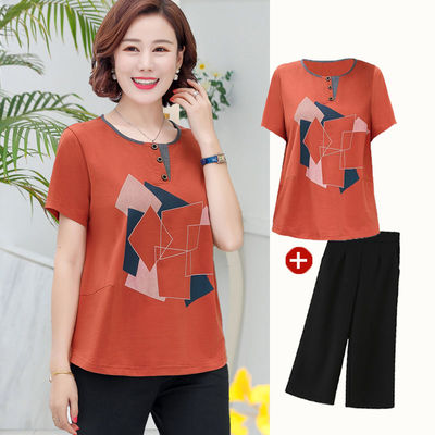 ZZ10妈妈装夏装短袖T恤中老年女装大码套装40-50中年女打底衫上衣