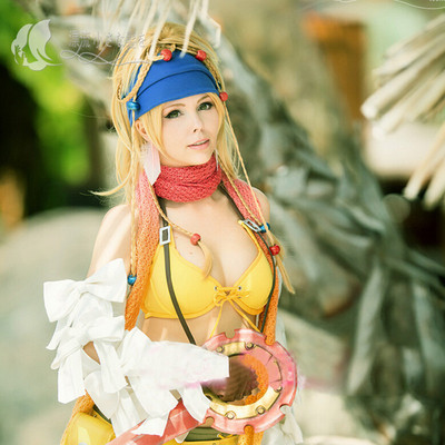 taobao agent COS anime wig Final fantasies 10 RIKKU golden body+twist fine braid+single tiger mouth clip