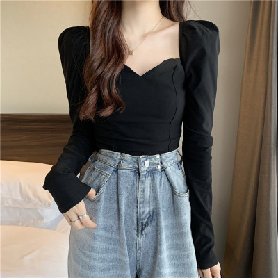 taobao agent Black autumn fashionable long-sleeve, top, plus size, square neckline, fitted, french style