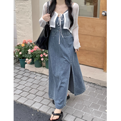 taobao agent Denim dress, fitted design brace, plus size, V-neckline, lifting effect, trend of season