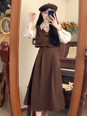 taobao agent Corduroy set, long skirt, retro dress, plus size, french style, fitted