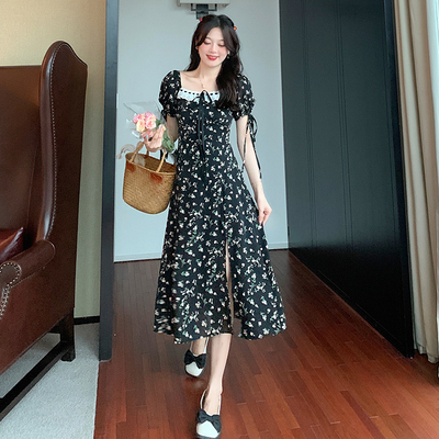 taobao agent Dress, summer fitted brace, long skirt, plus size, french style, square neckline, flowered