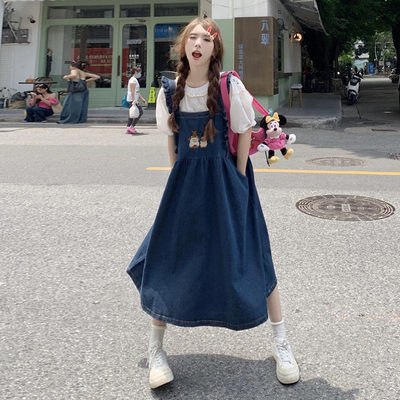 taobao agent Summer denim summer dress, skirt, waist belt, plus size, with embroidery
