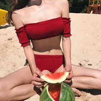 Net đỏ gợi cảm ống top từ vai cỡ ngực chia bikini bikini kỳ nghỉ áo tắm phụ nữ - Bộ đồ bơi hai mảnh đồ bơi 2 mảnh cổ yếm	
