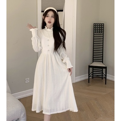 taobao agent White fleece lace winter dress, advanced long skirt, plus size, french style, high waist, high-quality style, maxi length