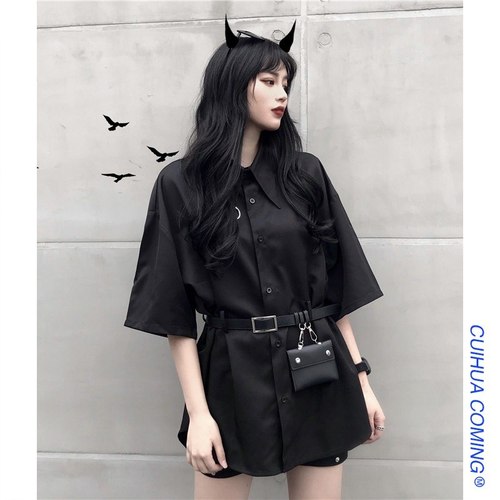 Korean version of loose short-sleeved shirt, waist-harbor wind dress, darkness, cool style women's dress, Chainsxia