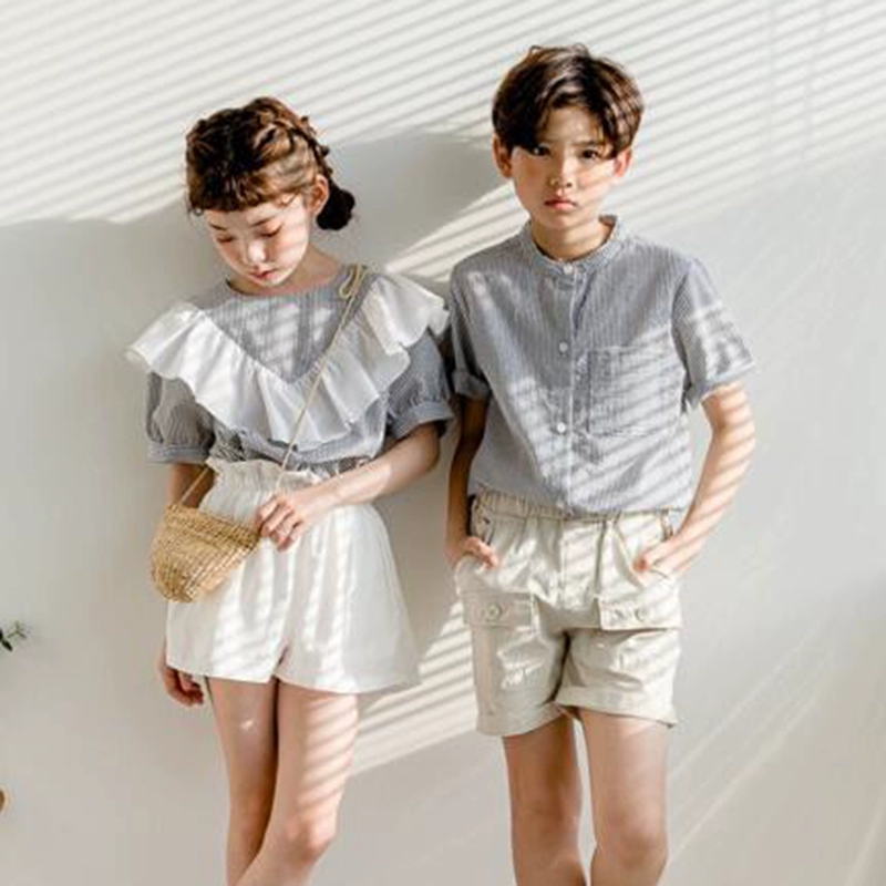 2020 Quần áo trẻ em Hàn Quốc mùa hè bé trai và bé gái xù lông tay áo ngắn Váy ngắn quần sọc áo sơ mi quần short cha mẹ mặc trẻ em - Trang phục dành cho cha mẹ và con