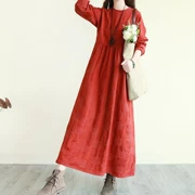 Mùa xuân 2019 mới gió quốc gia Trung Quốc phụ nữ cotton và váy lanh tay dài váy thêu vải lanh lớn - Váy dài