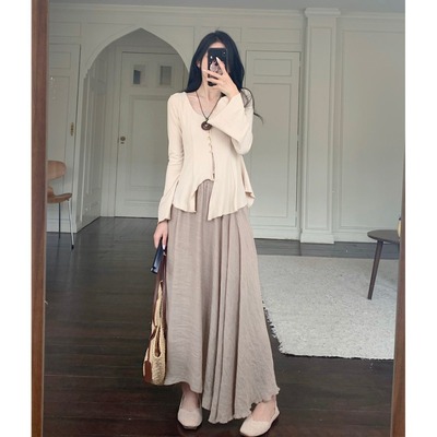 taobao agent Top, pleated skirt, set, summer clothing, plus size, Chinese style, long sleeve, high waist