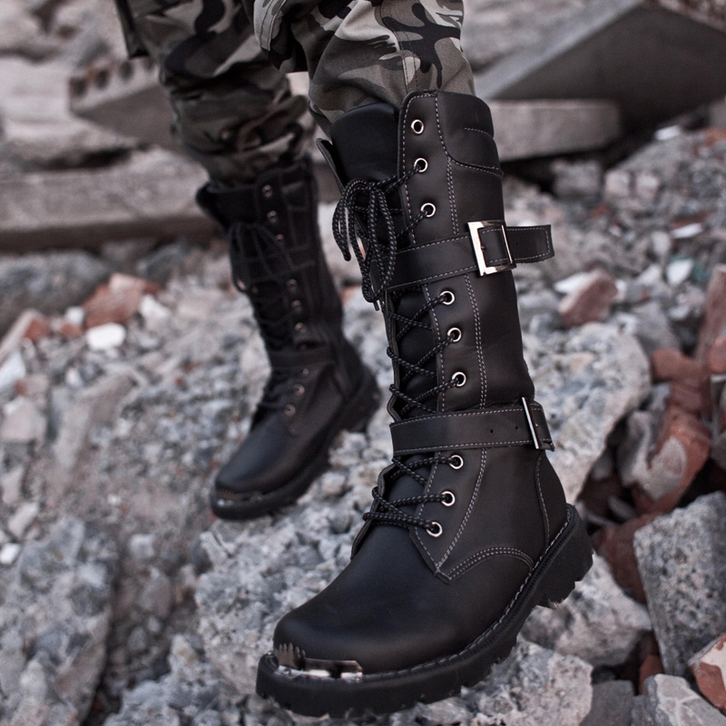 Mens Knee High Boot Gothic Lace Cosplay Black Buckle Strap Army Military Shoes Ebay 5352