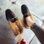 Giày nữ 2018 mùa thu mới đầu vuông lông phẳng dép đậu Hà Lan Giày thời trang mang baotou một nửa dép dép cute