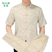 Mùa hè trung niên của nam giới lụa lụa Tang phù hợp với ngắn tay áo sơ mi nam trang phục dân tộc nửa tay trung niên cha đặt mỏng