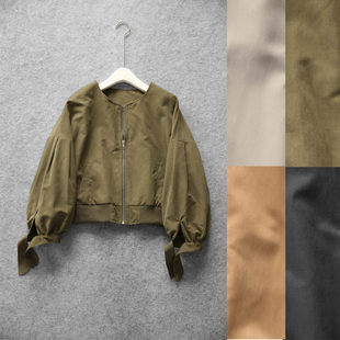 Cropped women's jacket, polyester lined, puff drop-shoulder sleeves with ribbed hem — one size