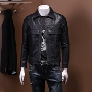 Lapel leather nam 2018 mùa thu mới cá tính trang trí túi trẻ trung pu đen áo khoác da mô phỏng nam