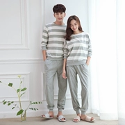 Mùa xuân và mùa thu Cặp đôi Đồ ngủ Nam và Nữ Quần dài sọc cotton Hàn Quốc Quần dài mỏng Dịch vụ tại nhà