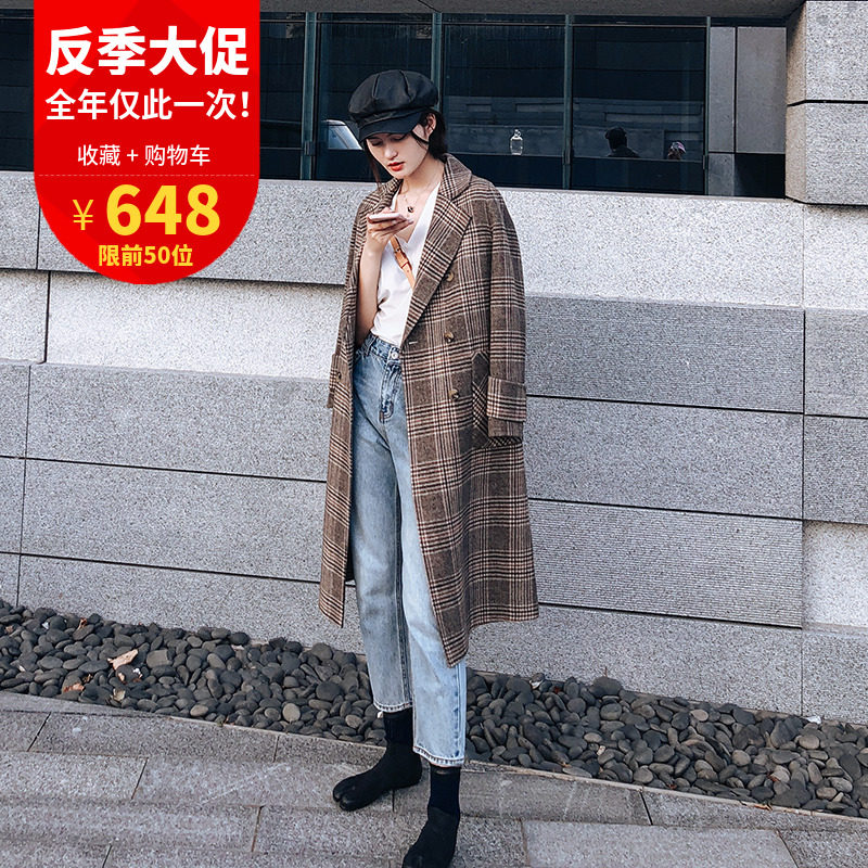 2018 phổ biến kẻ sọc áo khoác nữ retro dài áo len mới chống mùa áo khoác nữ đôi phải đối mặt với nhung hai mặt