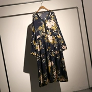 Oh ah Sumi retro phong cách tua khâu V-Cổ in dress đoạn dài lỏng kích thước lớn dài tay áo Một từ váy nữ