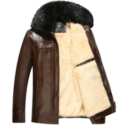 Chống mùa cộng với nhung dày lớn cổ áo lông thú da nam mùa đông trung niên cha mặc áo khoác trung niên mùa đông PU leather jacket