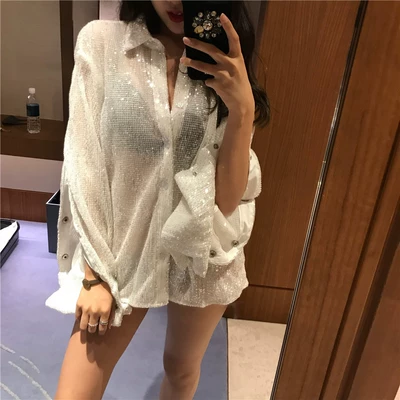 LGGDJDZ chic风洋气透视闪闪亮衬衫女-淘宝网